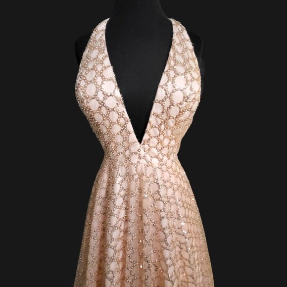 Jovani Blush Sequin Halter Prom Dress - Picture 6 of 11